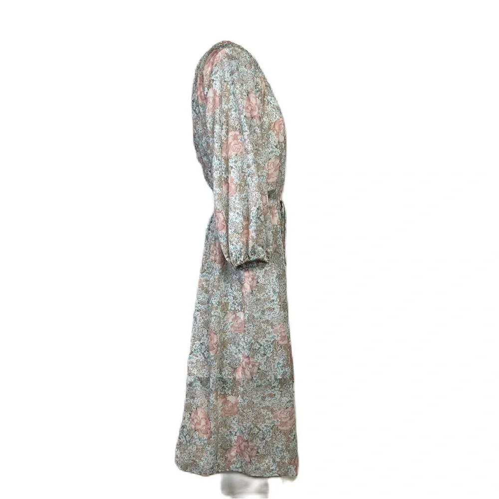 Vintage 1970's Sheer Midi Dress Pullover Button Up Duster Kaftan Floral Size M - Picture 4 of 14